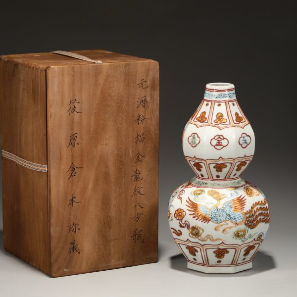 年中無休】 瀝粉描金鳳紋陶磁器古びた蔵『元八方葫蘆瓶』極細工中国