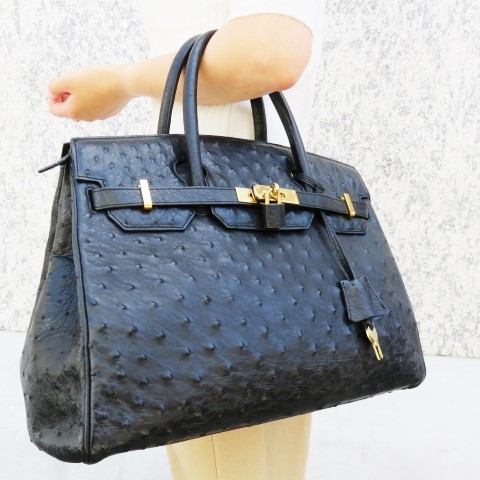 上品な 黒色 ブラック 32cm ハンドバッグ 高級 オーストリッチ 本物 IG