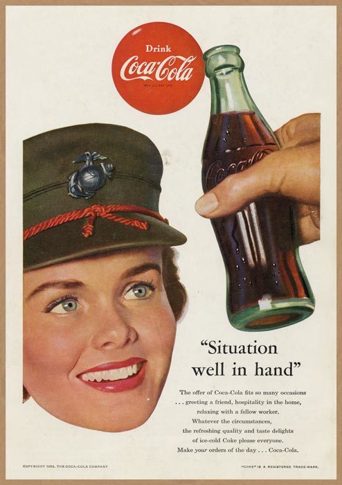 Coca-Cola レトロミニポスター B5サイズ 複製広告 コカコーラ ◆ 海兵隊女性 赤丸ロゴ ボトル イラスト USAD5-024_画像1