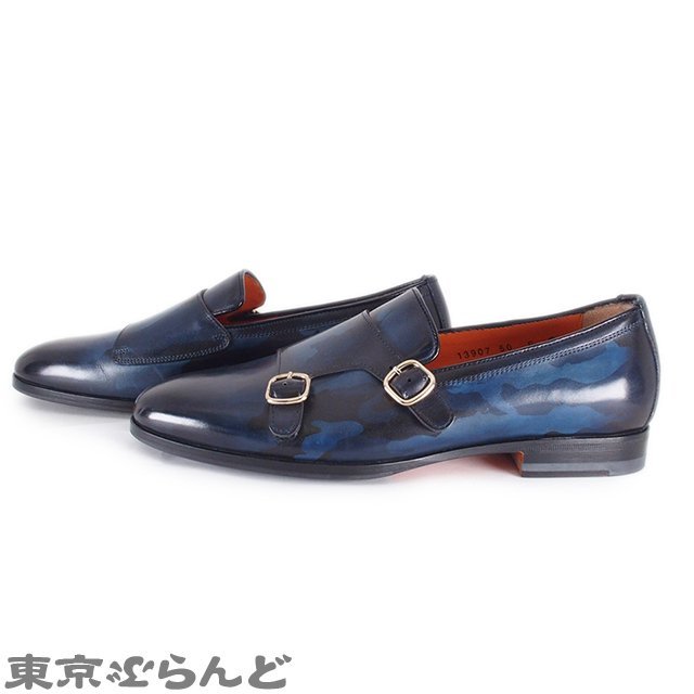 101665511 サントーニ Santoni ダブルモンク 13907 ネイビー ブルー SV金具 レザー 靴 カモフラ ＃6 ドレスシューズ メンズ 展示未使用_画像3