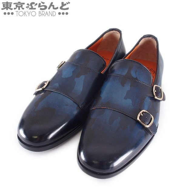 101665511 サントーニ Santoni ダブルモンク 13907 ネイビー ブルー SV金具 レザー 靴 カモフラ ＃6 ドレスシューズ メンズ 展示未使用_画像1