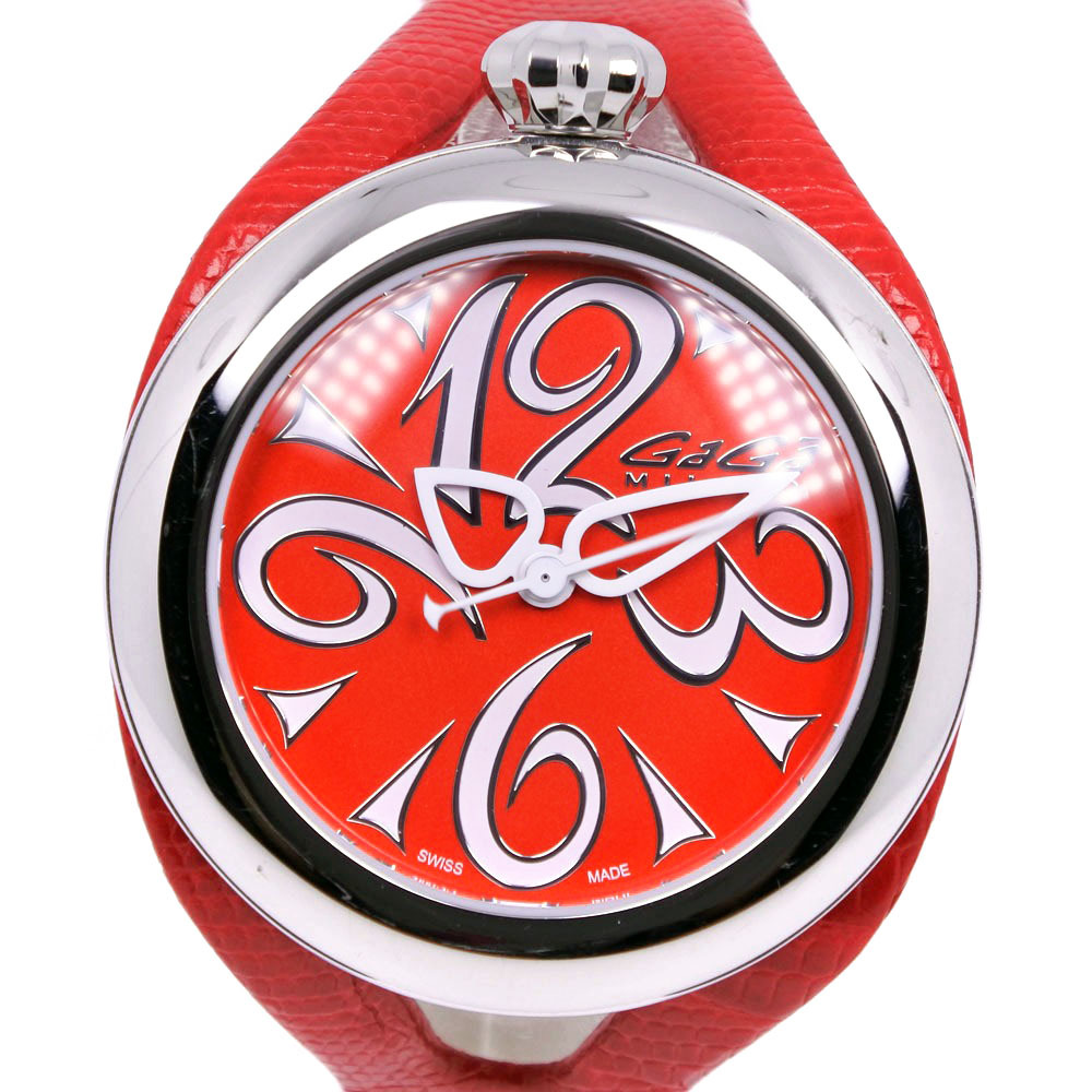 Gaga Milanogaga* milano Flat 42 6070 wristwatch SS× leather red quarts analogue display unisex red face [62090448] used 