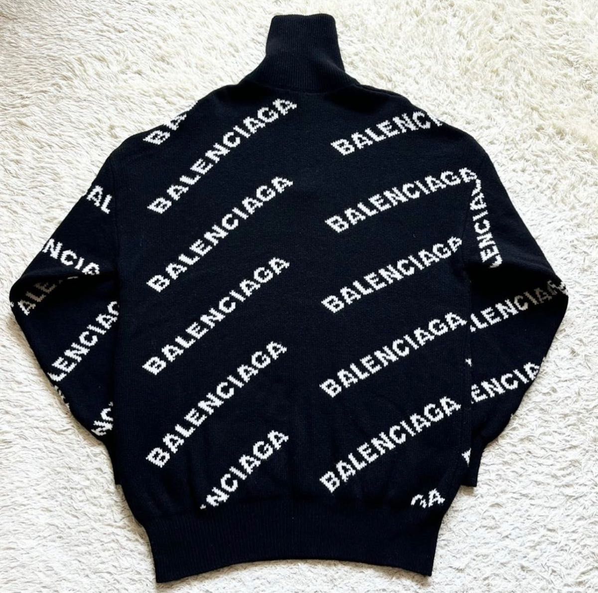 美品/BALENCIAGAバレンシアガ ハイネック 総柄ロゴ ハーフジップ