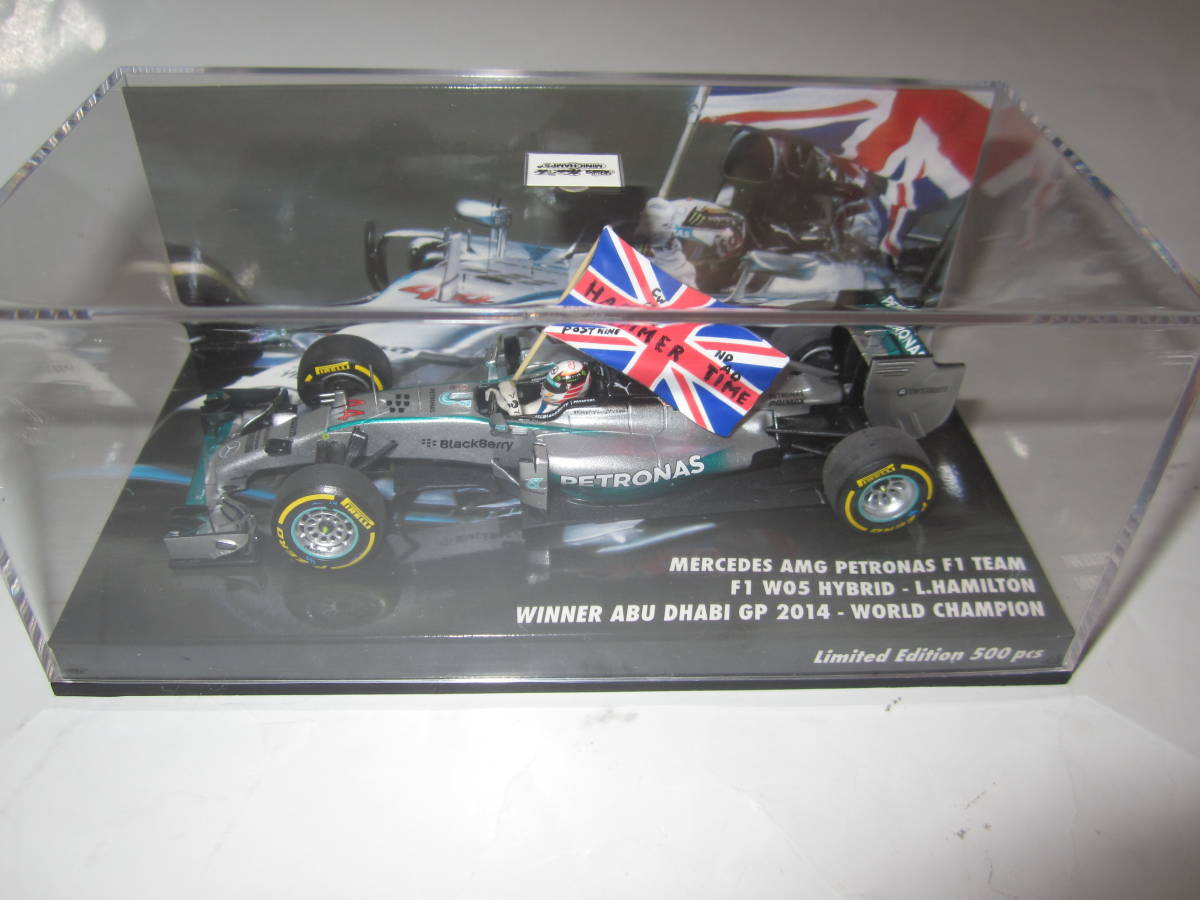 即決 PMA 500台限定 1/43 メルセデス AMG ペトロナス W05 ハイブリッド 2014アブダビGP優勝 №44 ルイス・ハミルトン アンテナ・旗文字追加_画像1