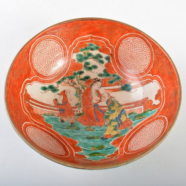 九谷焼 明治九谷 青手 赤絵人物文 鉢 時代箱付 M R6057-