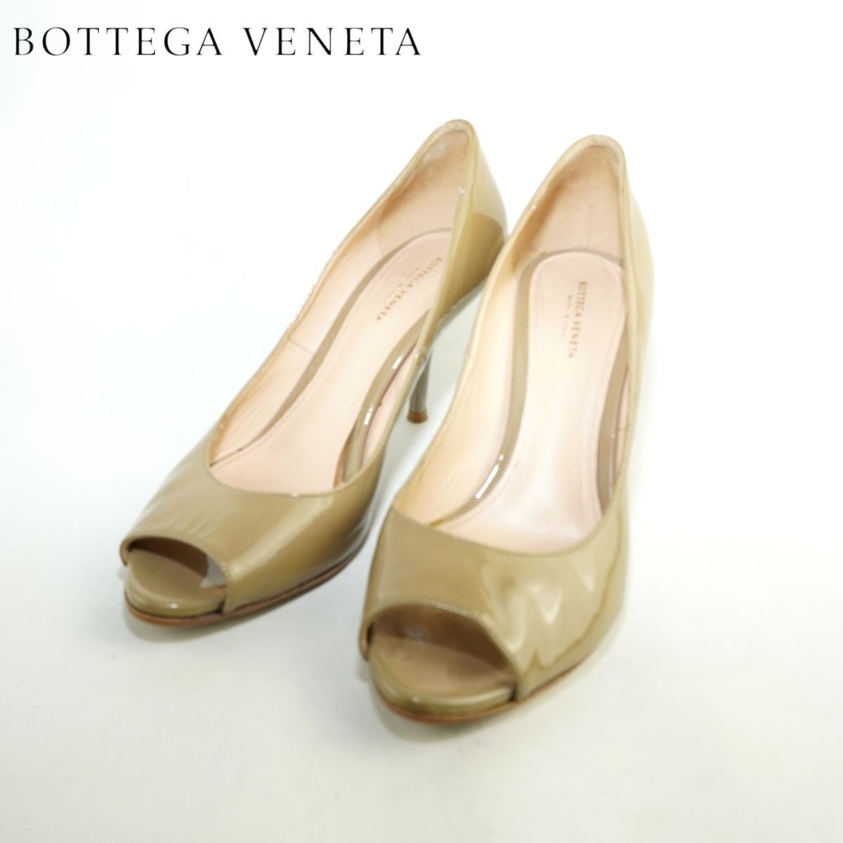 BOTTEGA VENETA ボッテガヴェネタ 37 24.0 パンプス イタリア製 ヒール オープントウ エナメル グレージュ/DC189の画像1
