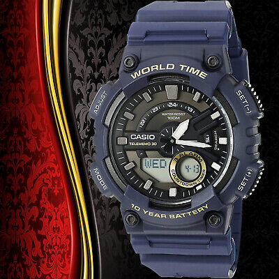 Casio AEQ-110W-2AV Mens Blue 100M World Time Digital Watch Analog