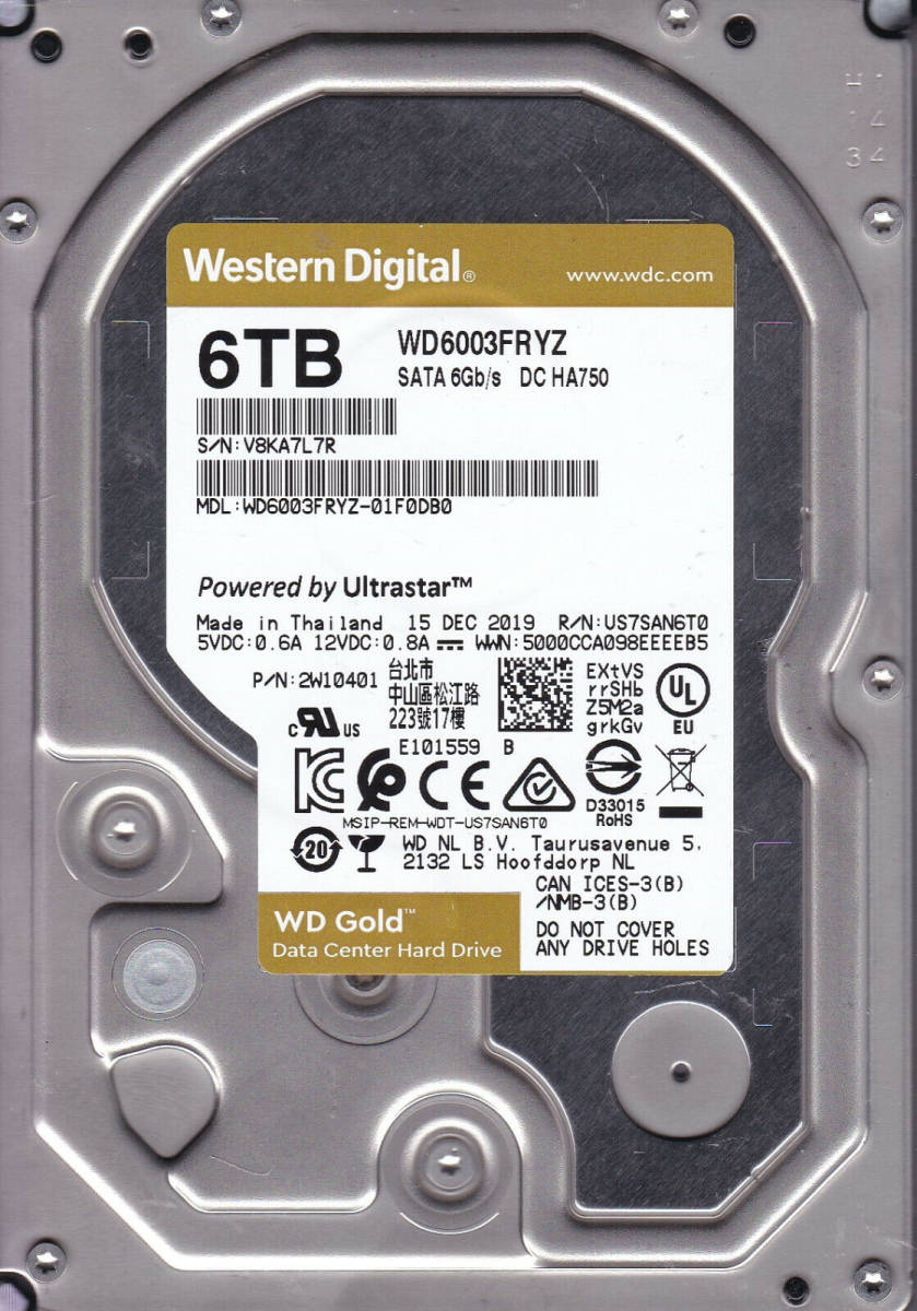 WD Gold WD6003FRYZ-01F0DB0 s/n:V8KA7L7R DEC 2019 Thailand 6TB SATA