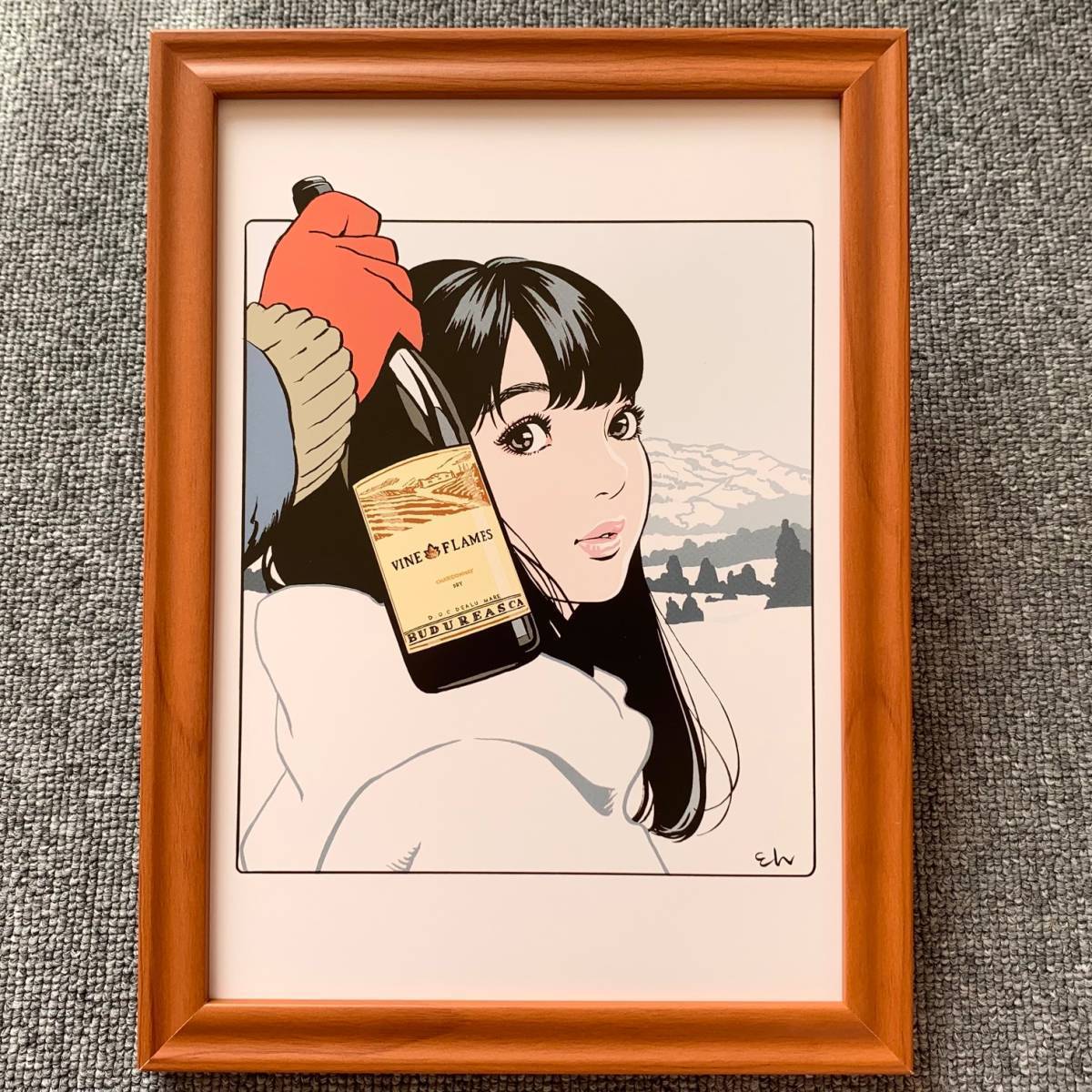 □江口寿史『ワインボトルと美女 T』B5サイズ 額入り 貴重イラスト