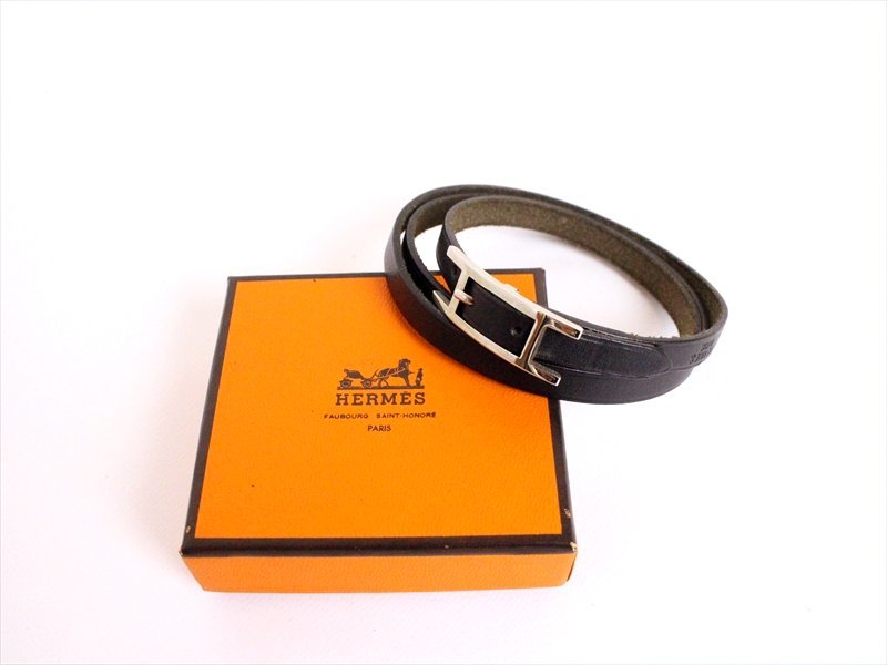 美品☆HERMES【エルメス】レザーブレスレット☆3重☆ブラック×シルバー