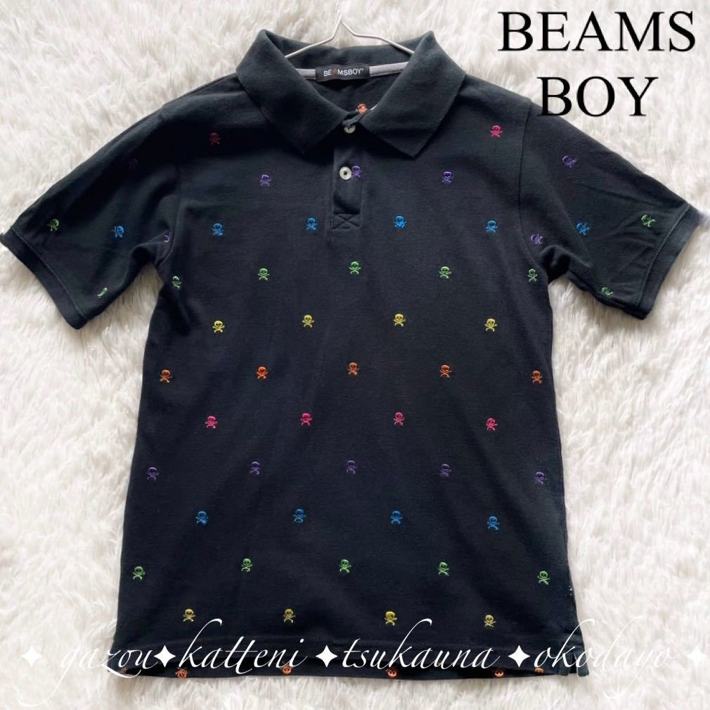 beams boy Beams Boy polo-shirt total pattern short sleeves skull gaikotsu Skull Golf wear cotton colorful black black T-shirt cut and sewn 