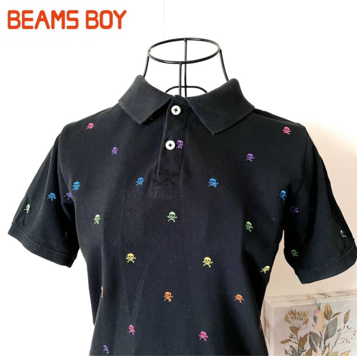 beams boy Beams Boy polo-shirt total pattern short sleeves skull gaikotsu Skull Golf wear cotton colorful black black T-shirt cut and sewn 