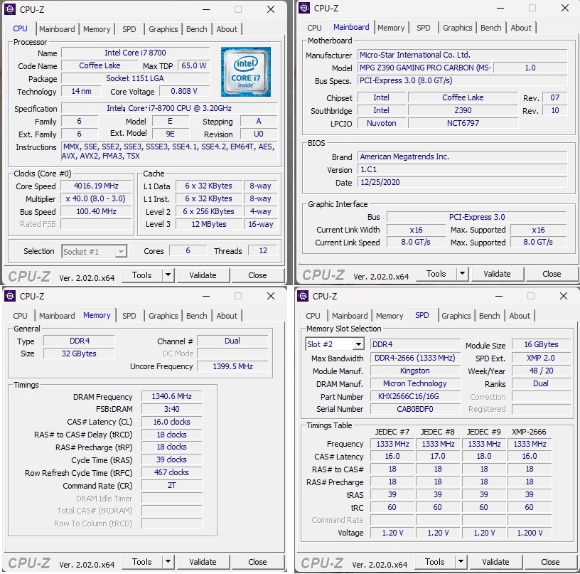 MSI MPG Z390 GAMING PRO CARBON Intel Corei7-8700(6コア12スレッド) HYPERX 32GBメモリー  動作品セット