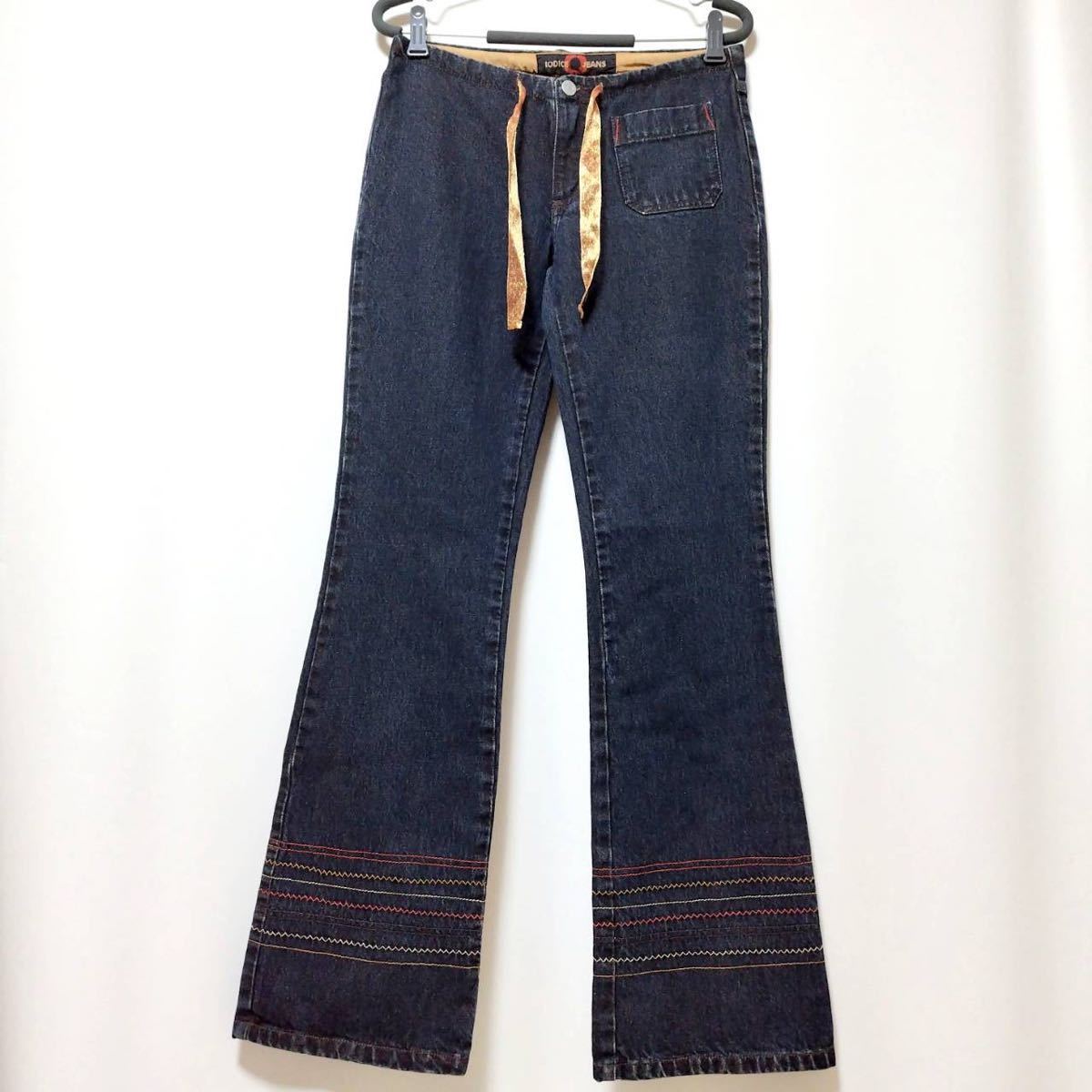 【美品】IODICE JEANS　ウエスト紐付き　裾刺繍　ベルボトム　デニムパンツ インディゴ L イオディーチェ ジーンズ フレア ワイド_画像3