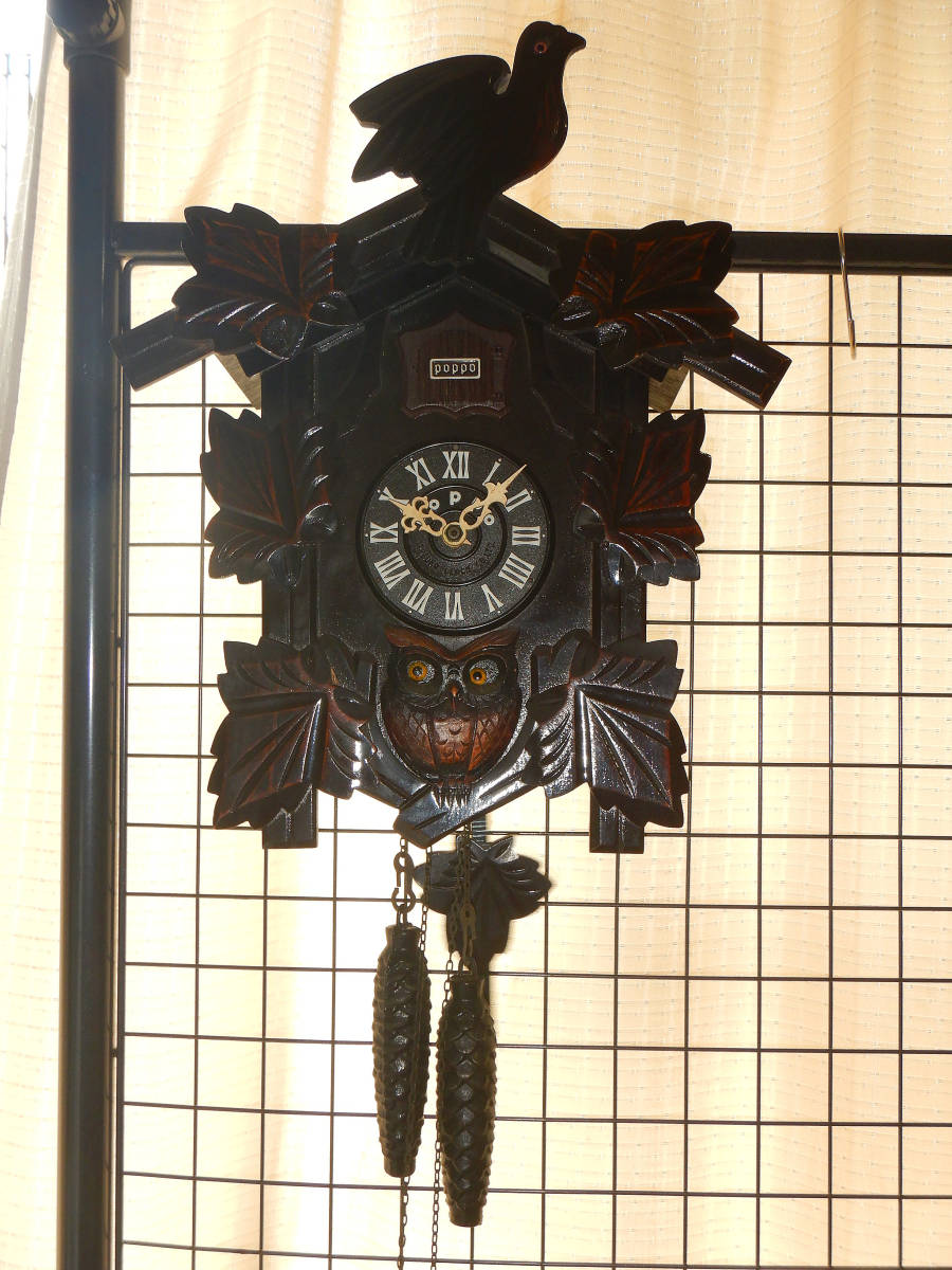 フクロウの目玉が動く 手塚時計製 TEZUKA CLOCK 鳩時計 POPPO 分銅時計 アンチーク 壁掛け時計 掛時計 梟の目玉が左右に動く ジャンク品の画像1