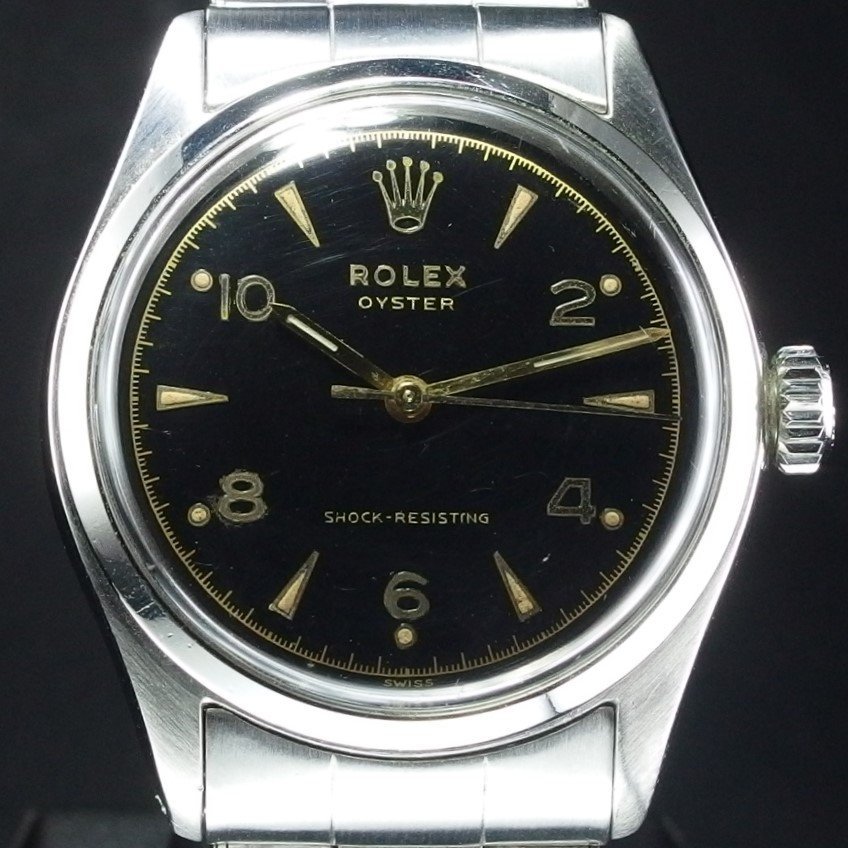 【超希少】 ROLEX ロレックス オイスター 6282 SS 自動巻き ブラックミラーダイヤル リベットブレス ラジウム夜光 メンズ 腕時計 「21436」_画像2
