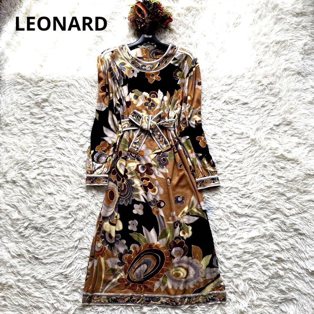 ヤフオク! - 良品LEONARD レオナール 膝丈ワンピース ウエストリ...