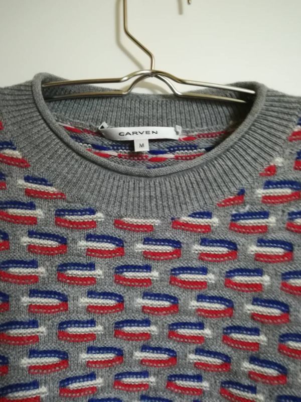 CARVEN total pattern knitted pull over tops wool crew neck rib switch long sleeve men's size M