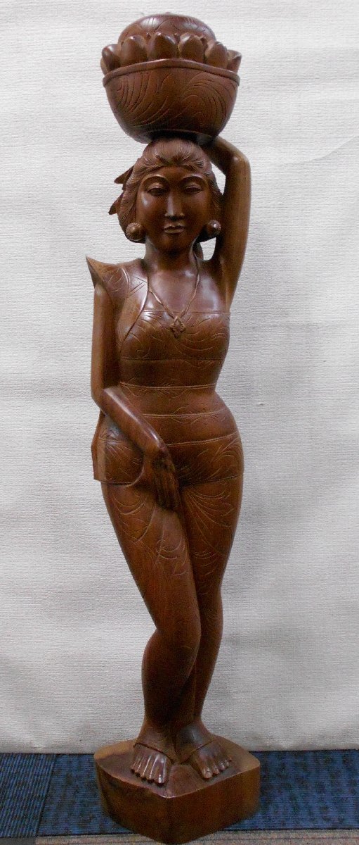 天然木 彫刻 人形 木彫り 民族女性像 飾り 置物 アジアン 木彫 オブジェ エスニック 高さ 約101cm 【ケ493】