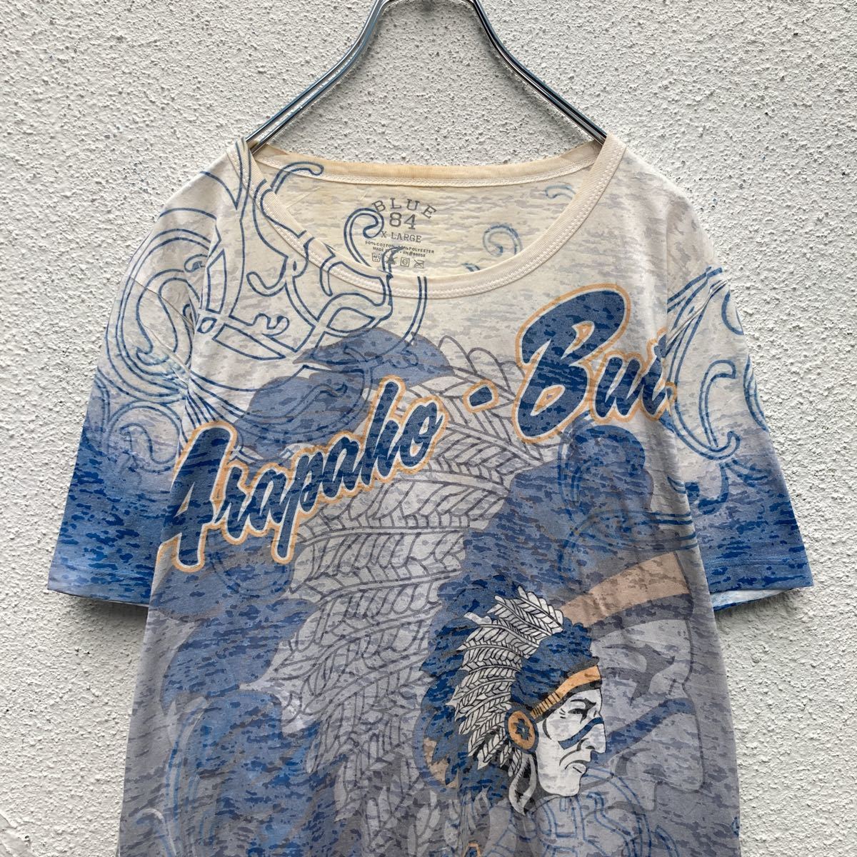 BLUE 84 半袖 プリント Tシャツ XL ブルー ホワイト イエロー インディアン ビッグサイズ 薄手 古着卸 アメリカ仕入 a505-5824_画像2