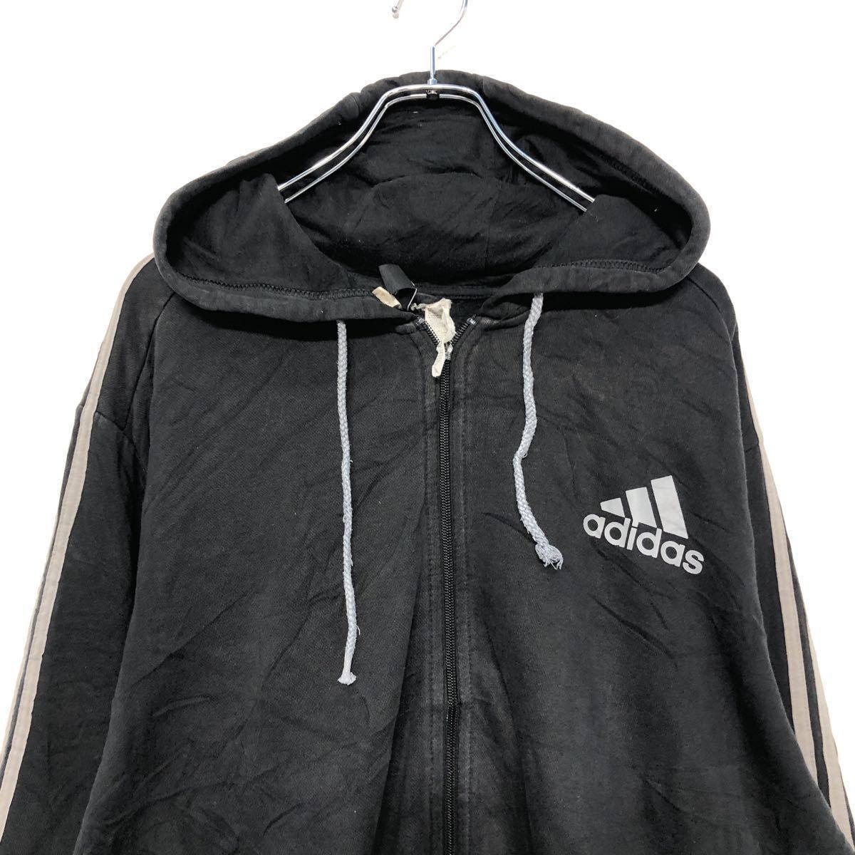 adidas ジップアップ フーディー XL ブラック アディダス スポーツ プリント パーカー 古着卸 アメリカ仕入 a505-6910_画像2