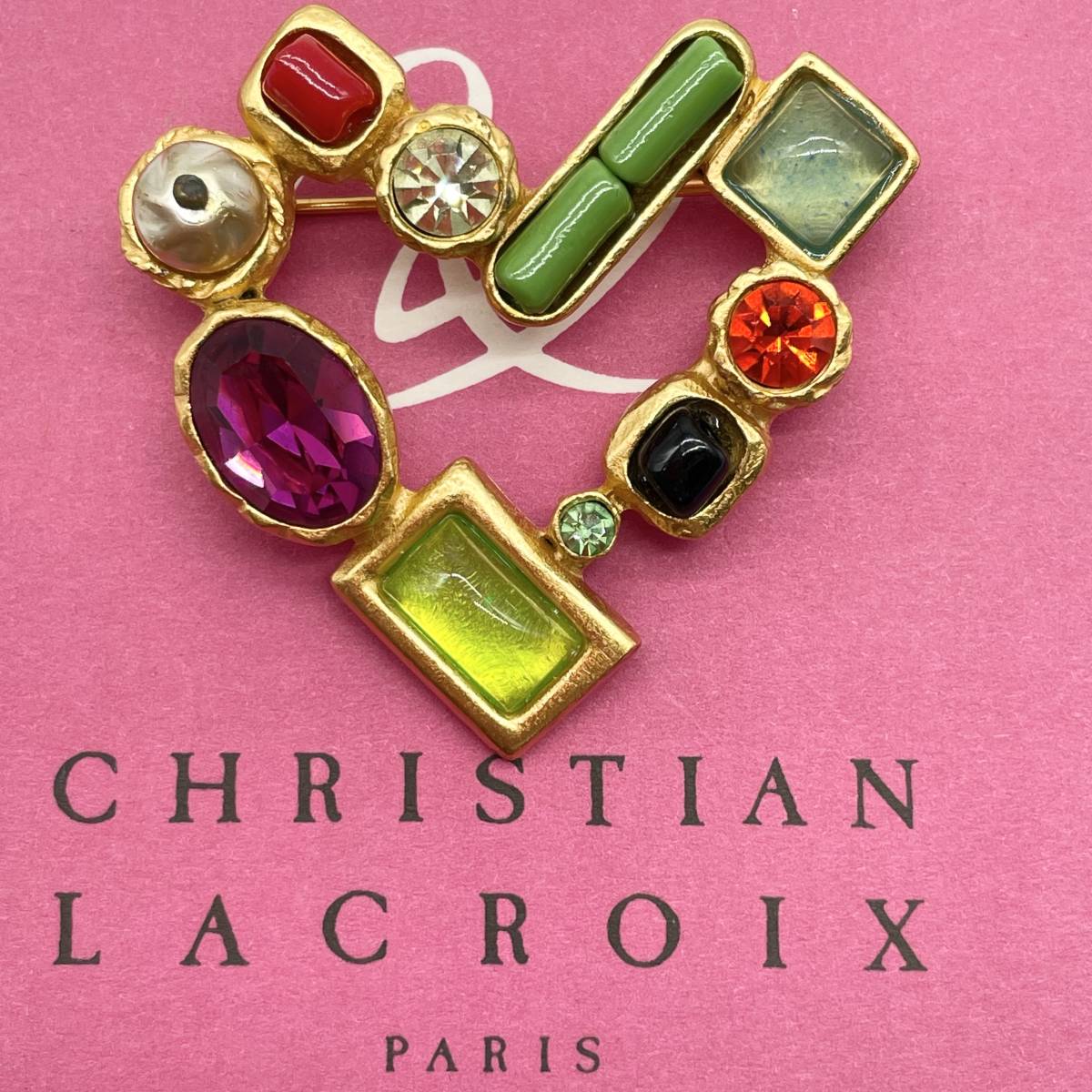 Christian Lacroix ラクロワ カラーストーン ハート ブローチ-