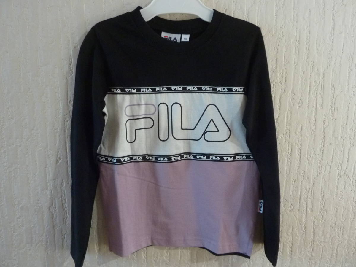 ★FILA☆フィラ BIGロゴ キッズTシャツ【FILAライン付】黒＆白＆薄紫★綿100％着心地抜群★キッズサイズ120(男女兼用)★新品未使用タグ付★_画像1