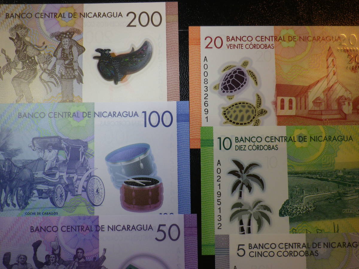 ニカラグア 2015~2017年 5,10,20,50,100,200Cordobas 6種6枚 未使用 / 透かし:ココナツとウミガメの画像2