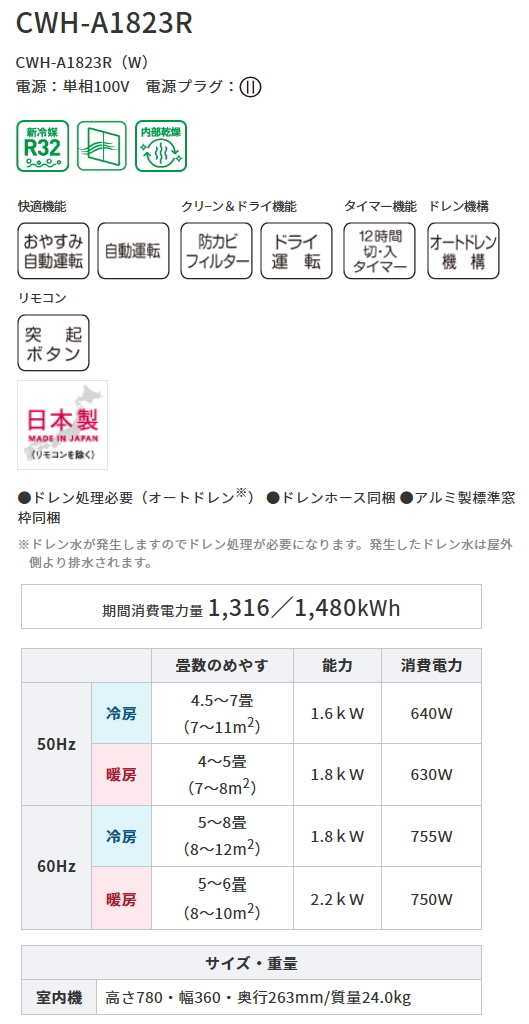コロナ:冷暖房窓用エアコン(ホワイト)/CWH-A1823R-W | rodeosemillas.com
