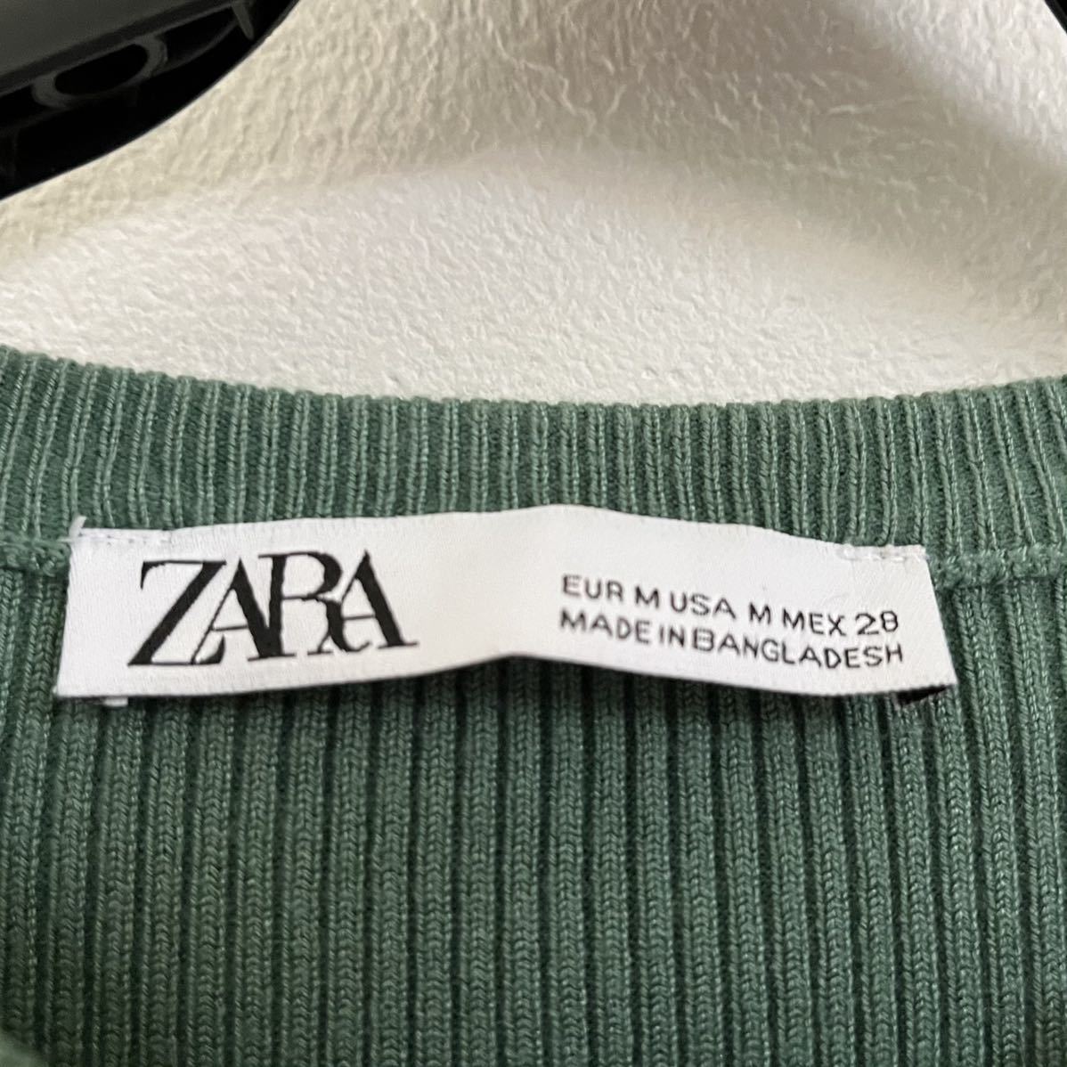 ZARA ザラ　五分袖　リブトップス　M サマーニット　クルーネック　 プルオーバー リブ　くすみグリーン　半袖ニット_画像4