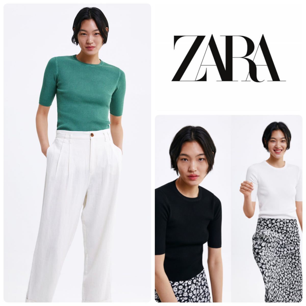 ZARA ザラ　五分袖　リブトップス　M サマーニット　クルーネック　 プルオーバー リブ　くすみグリーン　半袖ニット_画像1