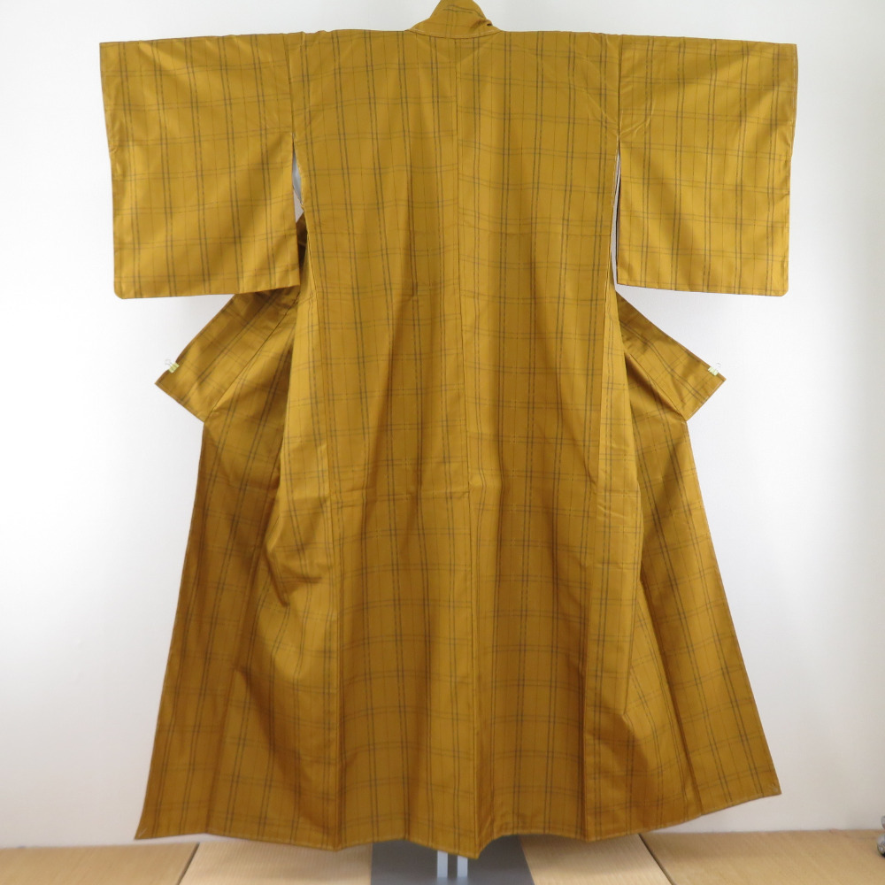 紬 着物 浮き織 格子 袷 広衿 黄色 正絹 カジュアル着物仕立て上がり 身丈153cm 美品