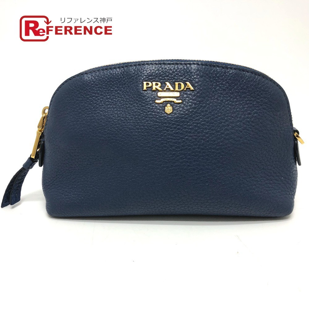 PRADA プラダ 1ND005 ロゴ 化粧ポーチ 化粧ポーチ レザー ブルー レディース【中古】