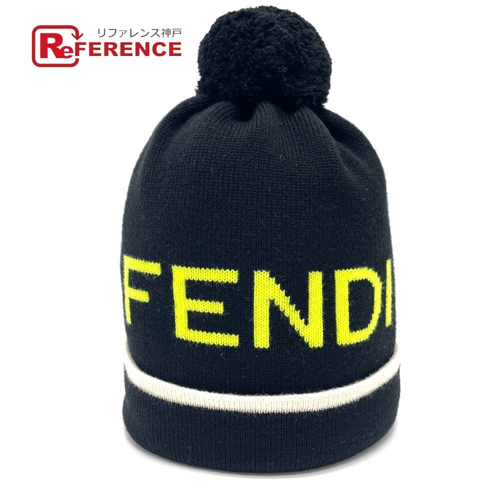 未使用 FENDI フェンディ FXQ056 ロゴ ボンボン付き ニットキャップ ニット帽 ウール ユニセックス ブラック