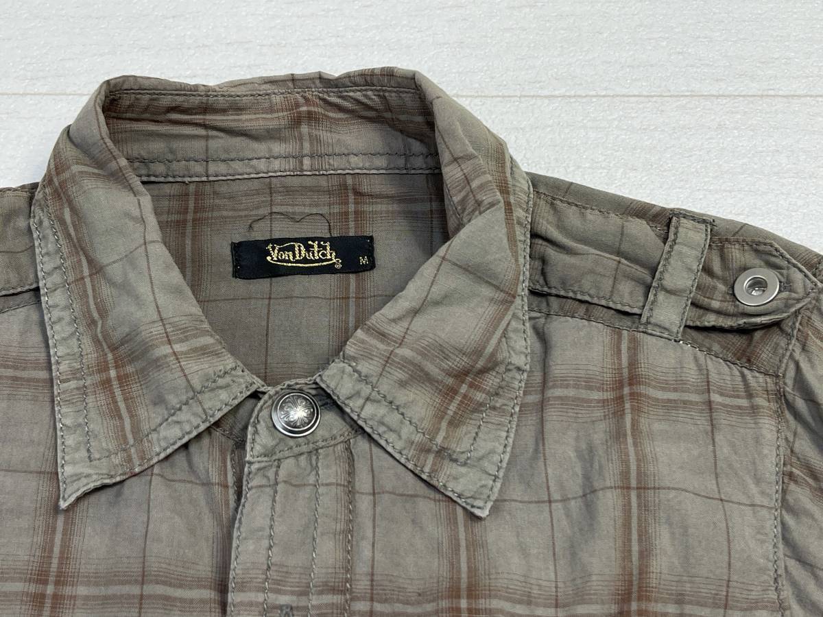* free shipping * Von Dutch Von Dutch old clothes short sleeves check pattern shirt men's M olive green tops used prompt decision 