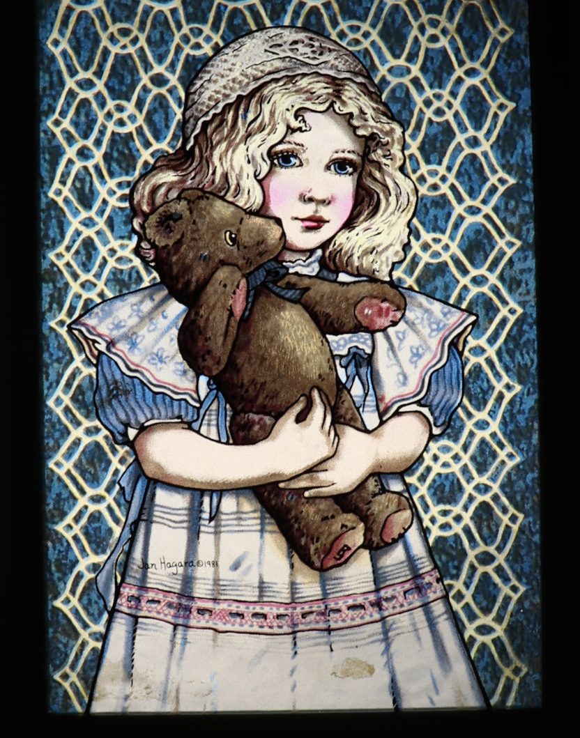 ジャン・ハガラ ブロンド少女とクマの人形 ヴィンテージ ステンド