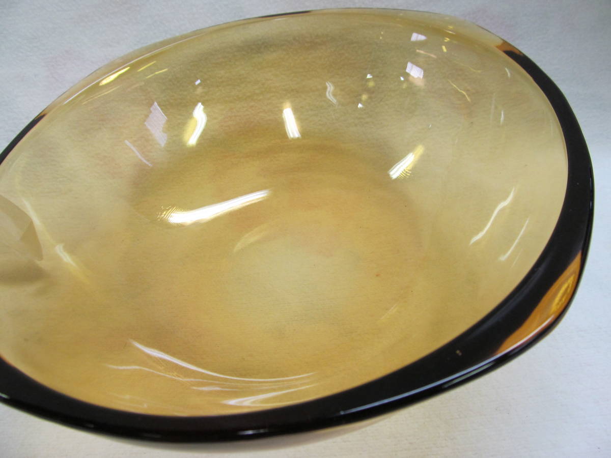 昭和レトロ アンバー ガラス 琥珀色 ホタテ 貝殻 シェル フルーツ皿 プレート 5枚＆フルーツボール ボウル ガラス器 フォーク付 長期保管品の画像8