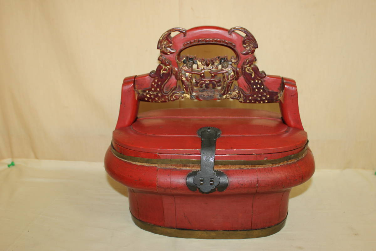 ◆中国古玩　木製　朱漆金彩食籠　唐物骨董