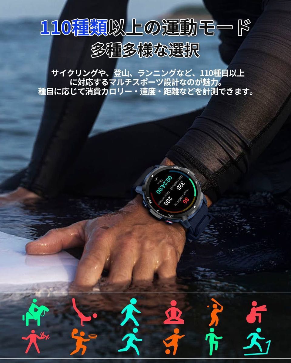 スマートウォッチ 軍用規格 1 39インチ大画面 iPhone/Android対応 丸型