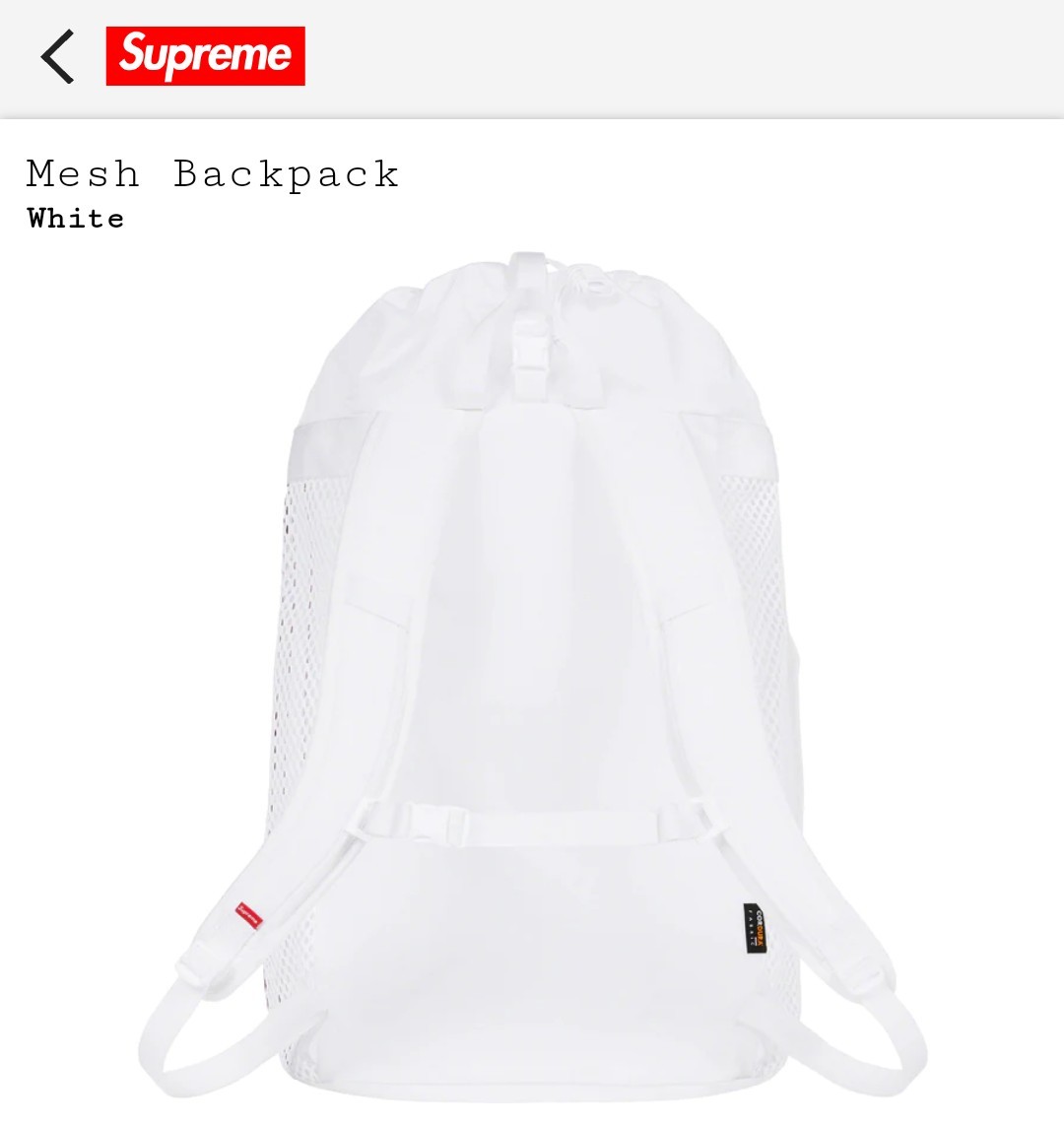 新品 未使用 supreme mesh backpack White バックパック 白