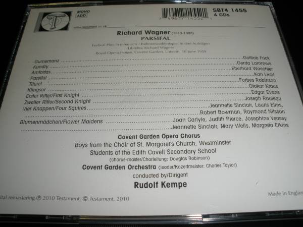 廃盤 4CD ケンペ ワーグナー パルジファル フリック ニルソン リーブル コヴェントガーデン王立歌劇場管弦楽団 1959 Wagner Parsifal Kempe_パルジファル ケンペ ロンドンライヴ 1959