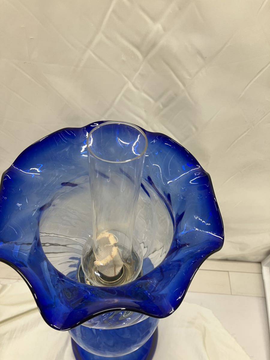 Z140 特大　オイルランプ　置きランタン　色ガラス　水色　フリル硝子　未使用品　大きな硝子ランプ　68cm 5a_画像7
