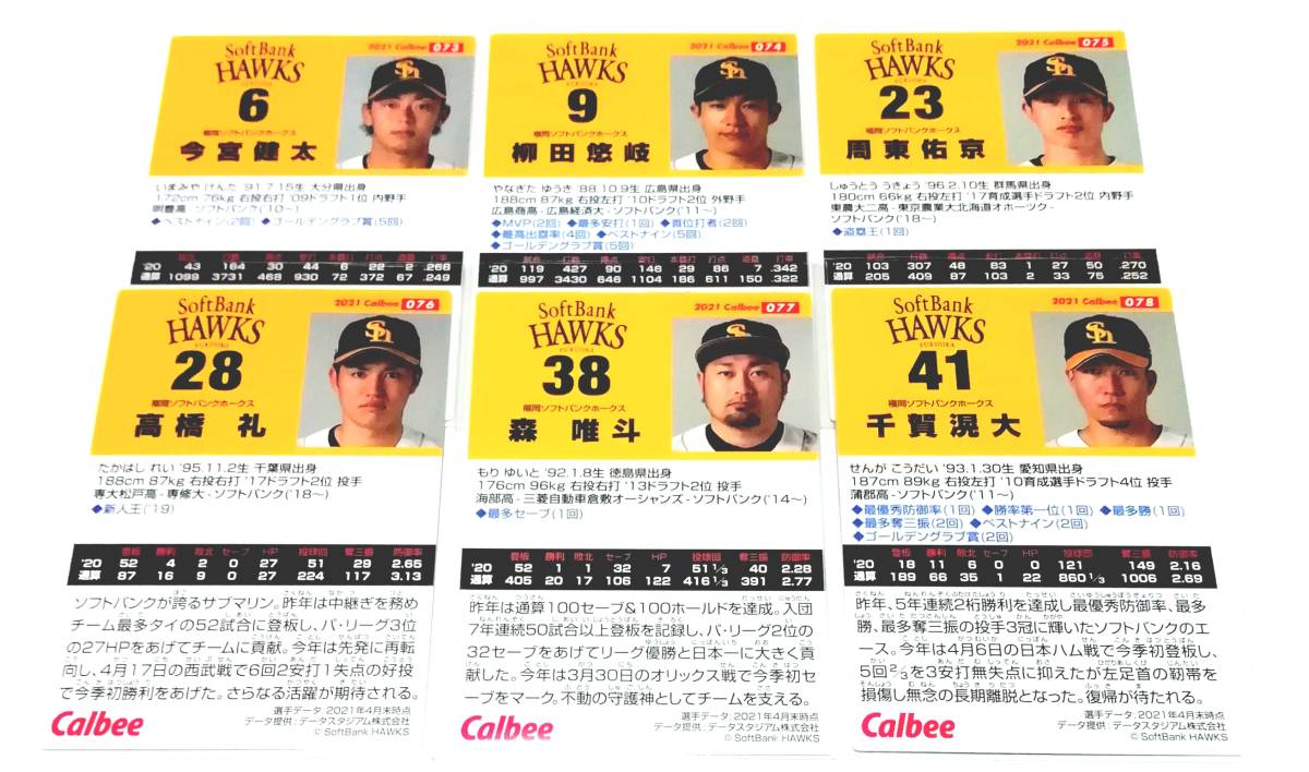 2021　第2弾　ソフトバンクホークス　レギュラーカード　全6種セット　★　カルビープロ野球チップス　今宮　柳田　周東　高橋　森　千賀_画像1