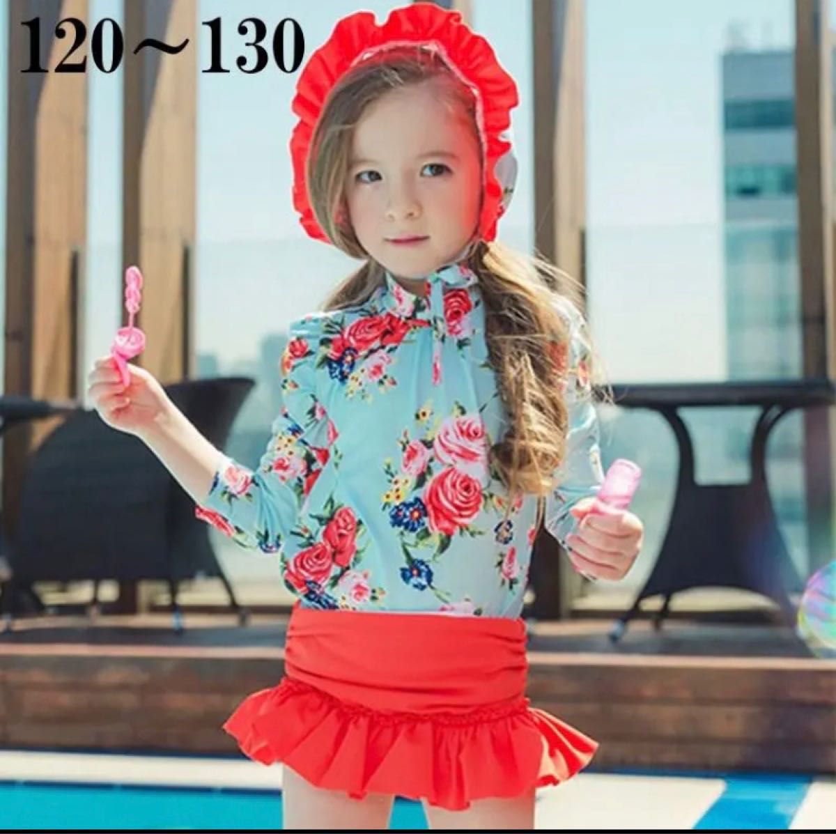 女の子 水着 ラッシュガード フリル 花柄 3点 帽子付 赤 おしゃれ 可愛い 120 130 水色｜PayPayフリマ