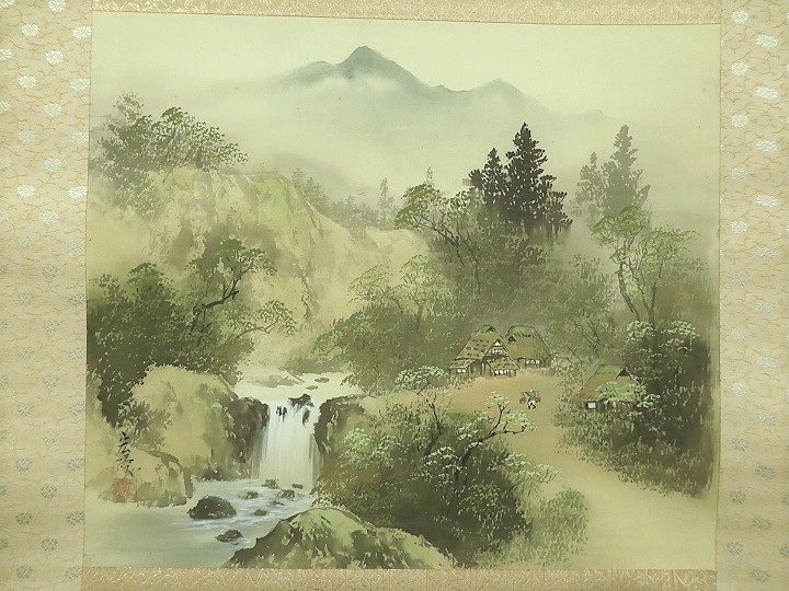 掛軸　宏陵　山水画　青緑山水