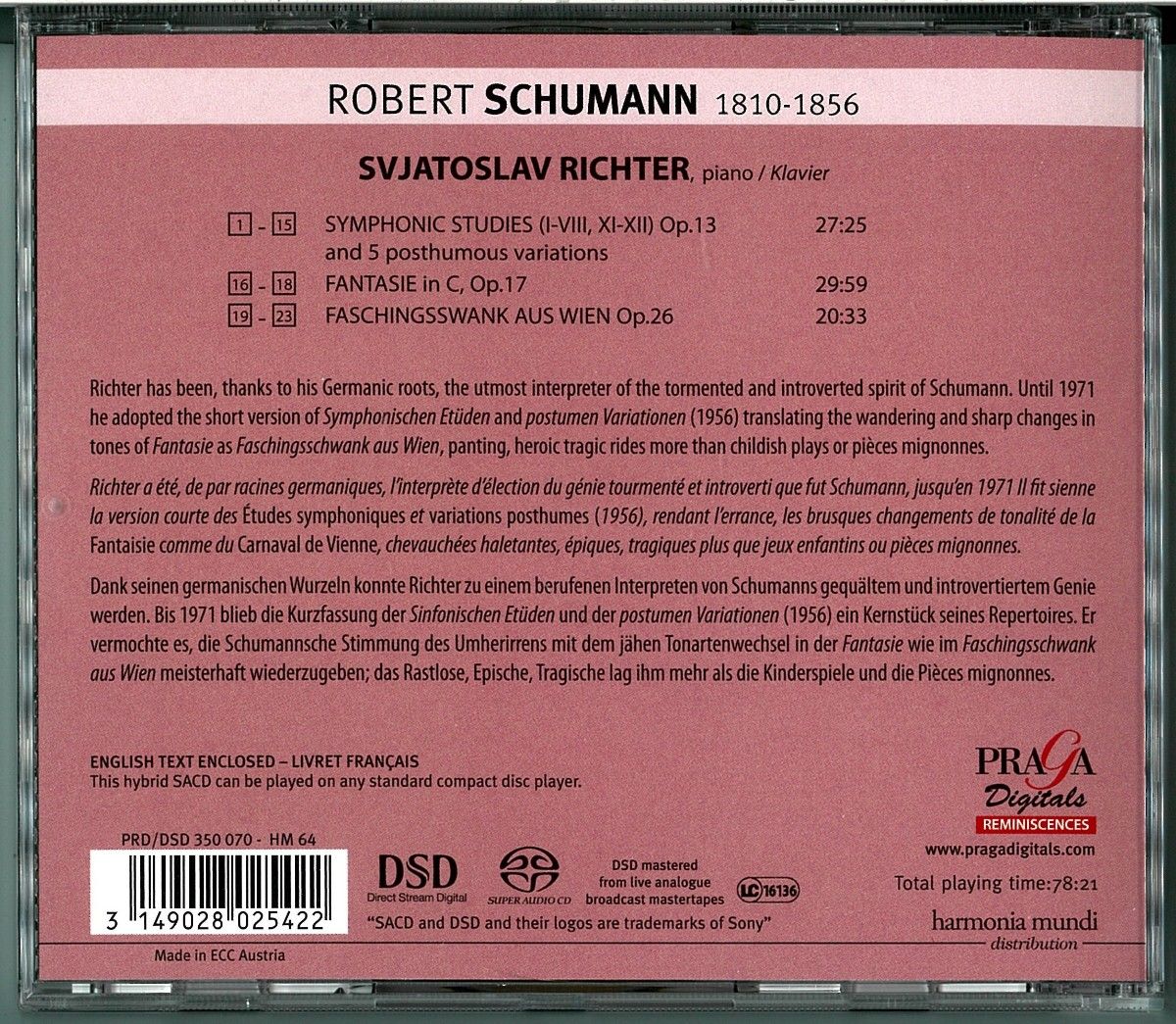 【SACD】スヴャトスラフ・リヒテル：シューマン／交響的練習曲、幻想曲、ウィーンの謝肉祭の道化