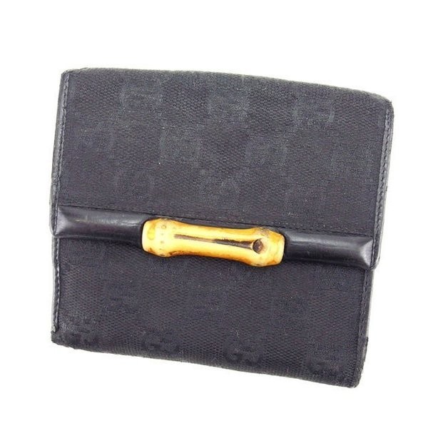 注目の福袋をピックアップ！ グッチ Wホック財布 二つ折り コンパクトサイズ レディース バンブー付き ＧＧキャンバス ブラック×ナチュラル 中古 女性用財布