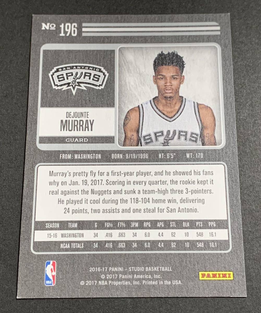 2016-17 Panini Studio Dejounte Murray No.196 RC Rookie Spurs NBA デジャンテ・マレー　ルーキー　スパーズ　パニーニ_画像2