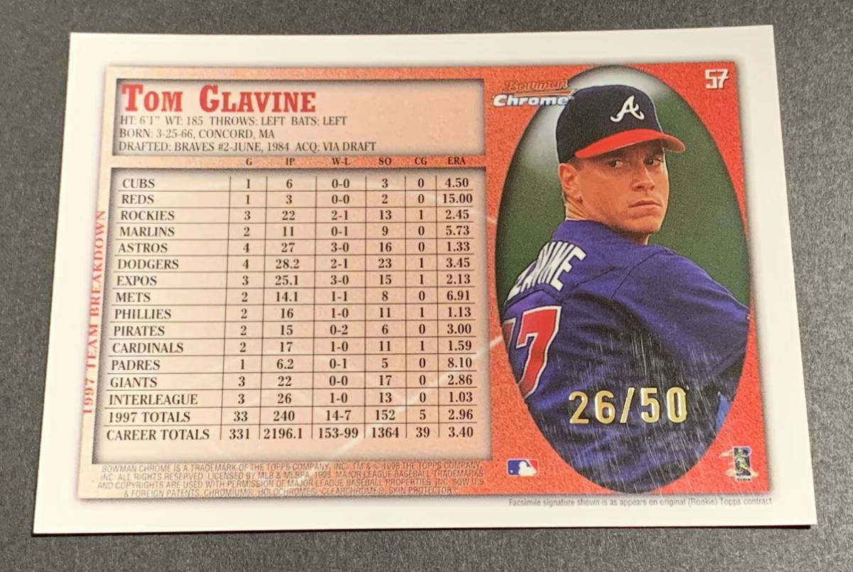 1998 Bowman Chrome Tom Glavine /50 57 Braves MLB トム・グラビン　50枚限定　シリアル　ブレーブス　メジャーリーグ_画像2