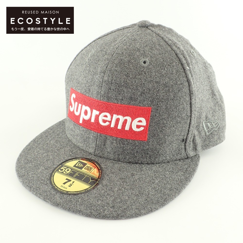 美品 Supreme x NEW ERA x Loro Piana G01052111 ボックスロゴ カシミヤ混ウール キャップ 帽子 7 1/2 59.6cm グレー メンズ